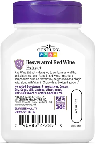 Miniatura 6 de 21st Century Resveratrol - Cápsulas de extracto de vino tinto, suplemento de resveratrol con extracto de semilla de uva, polifenoles y vitamina C