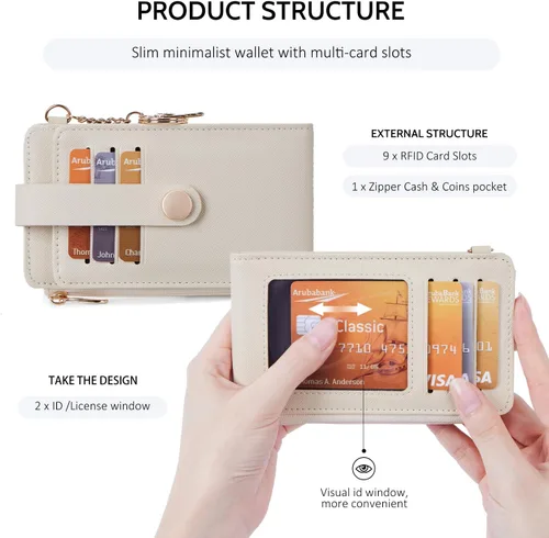 Miniatura 5 de POIUGOYA Billetera delgada para mujer, con bloqueo RFID, plegable, tarjetero con cremallera y bolsillo para monedas, ventana para identificación