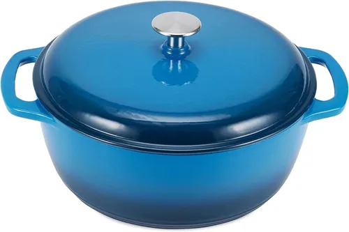 Miniatura 32 de Amazon Basics Olla de horno holandés de hierro fundido con tapa, esmaltada, redonda, doble asa, resistente, pequeña, 4.3 cuartos de galón, azul