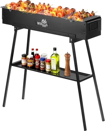 WILLBBQ Parrillas de carbón de calidad comercial, portátil, Hibachi, brocheta de cordero, plegada, para campamento, uso en el patio trasero al aire