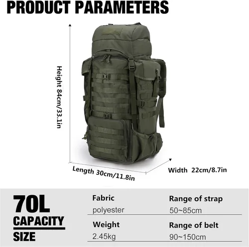 Miniatura 2 de Mardingtop 70L Mochila con armazón interno para caza, camping, senderismo; mochila con cubierta para la lluvia Verde (Ranger Green)