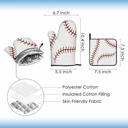 Miniatura 2 de Juego de guantes de horno y soportes para ollas de béisbol, diseño de cordones de softbol, resistentes al calor, 3 piezas para cocinar, hornear