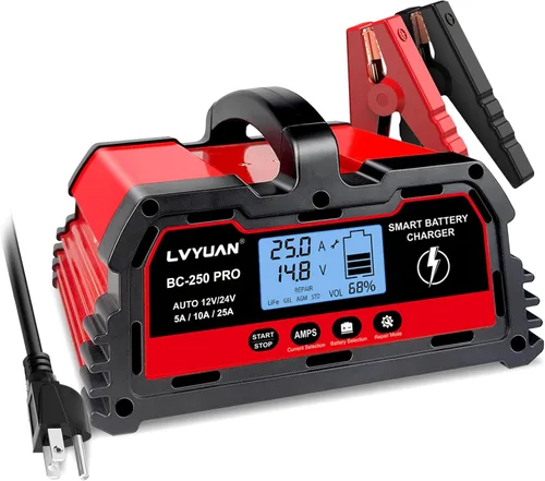 Miniatura 8 de LVYUAN Cargador de batería de 20 A, 12 V/24 V, cargador de batería inteligente para automóvil con cargador de goteo, cargador LiFePO4 de 12 V