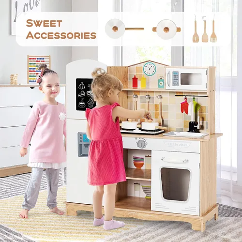 Costzon Juego de cocina para niños, cocina de juguete de madera con luz y sonido, microondas, máquina de hielo, horno, fregadero y grifo, accesorios