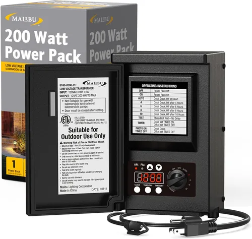 Malibu - Transformador de paisaje de bajo voltaje de 200 W, paquete de energía de iluminación de paisaje de bajo voltaje para foco al aire libre,