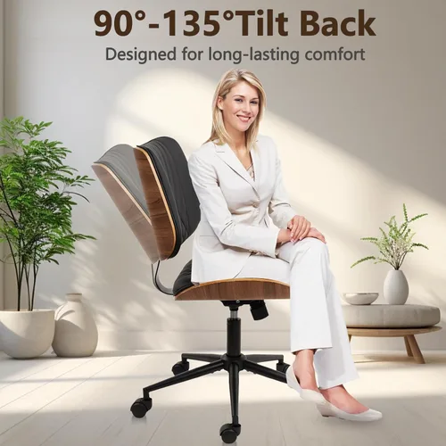 Miniatura 3 de CLATINA Silla de oficina en casa sin brazos, silla de escritorio con ruedas, silla de lectura de altura ajustable, respaldo medio de cuero y silla