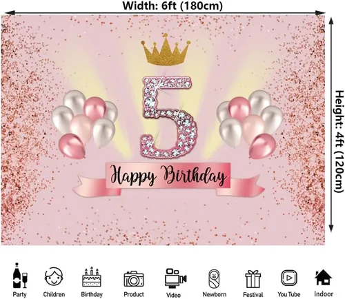 Miniatura 2 de Telón de fondo rosa de 6 x 4 pies para niñas, decoración de fiesta de cumpleaños de 5 años, pancarta para fotografía, baby shower, fondo de fotos