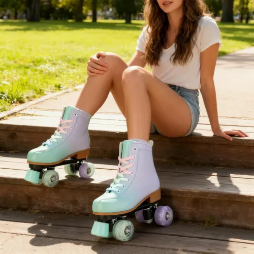 Miniatura 3 de Gets Patines altos para mujer, piel sintética, cuatro ruedas, doble fila, brillante, para interiores y exteriores Destello verde púrpura