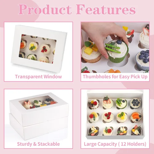 Miniatura 3 de Svalor Cajas para Cupcakes, Paquete de 2 Contenedores Desechables para Cupcakes, Portador de Cupcakes Grado Alimentario 12 Unidades con Ventana e