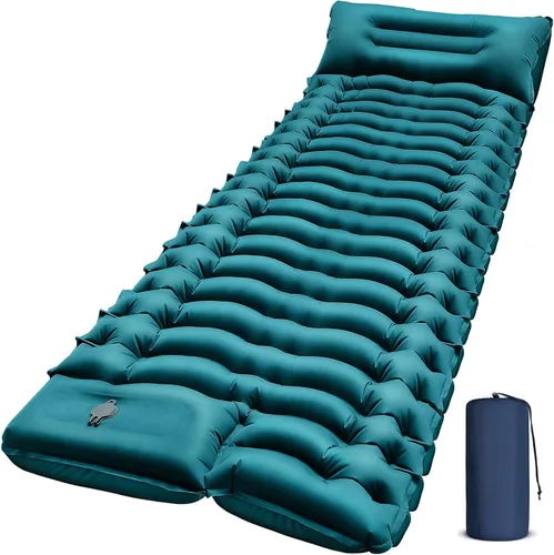 Miniatura 13 de FUN PAC Colchoneta de dormir para camping, ultraligera con almohada, bomba de pie integrada, almohadillas inflables compactas para acampar, Verde
