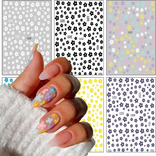 Miniatura 3 de 6 hojas de calcomanías de arte de uñas de flores de verano 3D, calcomanías autoadhesivas para uñas, diseño de arte blanco, amarillo, azul, negro