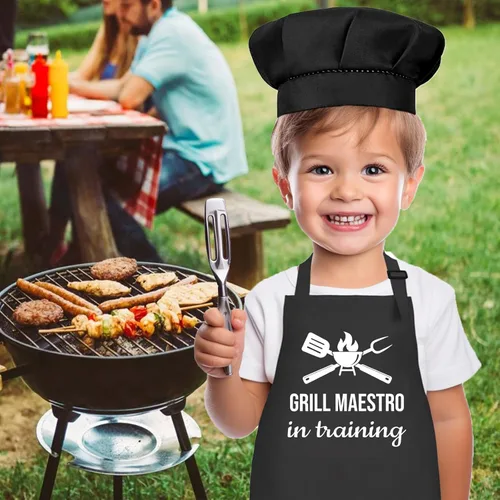 Miniatura 7 de Juego de delantal y sombrero de chef para niños, divertido delantal de entrenamiento con 2 bolsillos para niños y niñas Negro