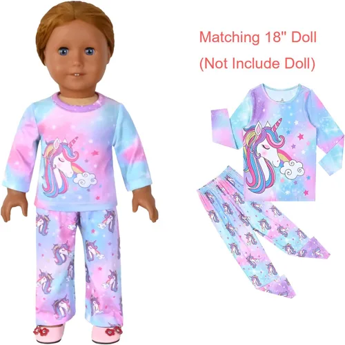Miniatura 14 de QPANCY Conjunto de pijamas a juego para niñas y muñecas, pijamas de manga larga para otoño e invierno