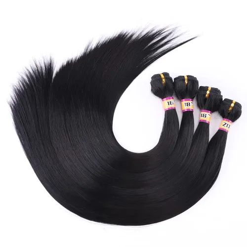 4 paquetes de cabello sintético sedoso y liso, 4 paquetes de 16, 18, 18, 20 pulgadas, extensiones de cabello de fibra de doble trama color negro