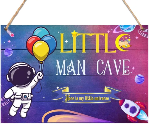Miniatura 4 de JNFEUI Cartel de madera de la cueva del hombre pequeño del espacio de astronauta, decoración de la habitación del bebé, decoración de pared colgante