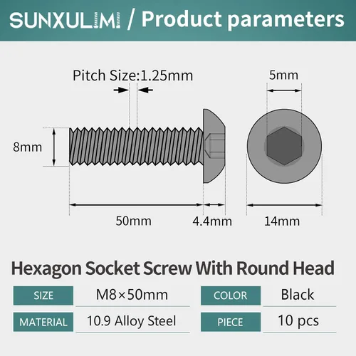 Miniatura 2 de Tornillos de cabeza de botón M8 x 1.969 in, acero de aleación de grado 10.9, acabado de óxido negro, accionamiento hexagonal métrico Allen