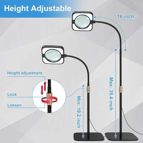 Miniatura 8 de Lupa de piso grande 10X con luz y soporte, 56 LED flexible de cuello de cisne, lupas iluminadas manos libres para trabajo cercano, costura