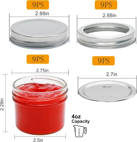 Miniatura 2 de Tarros pequeños de 4 onzas, paquete de 9 tarros de vidrio con tapas regulares, mini tarros de mermelada para gelatina, mermelada, miel, postre