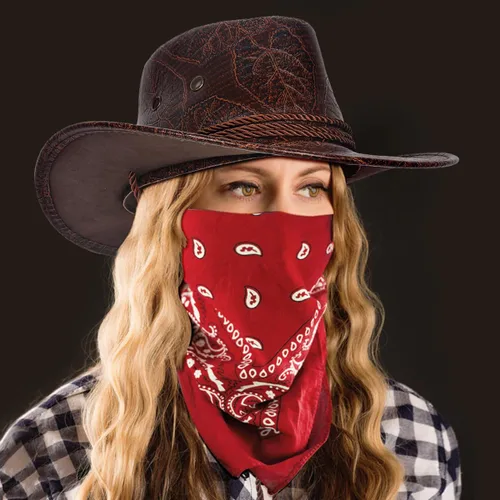 Miniatura 3 de L'VOW Conjunto de sombrero de vaquero retro de piel sintética con bandana para mujeres y hombres, disfraz temático de fiesta