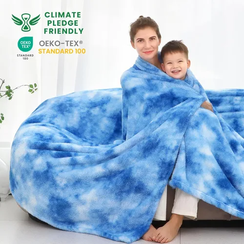 Miniatura 2 de obinsm Manta Cálida Azul Suave de Vellón Mantas de Tiro para Cama Manta de teñido anudado azul