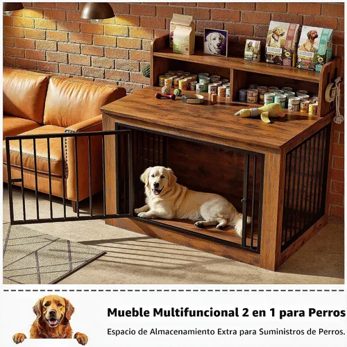 Miniatura 4 de IRONCK Mueble de jaula extragrande para perros, jaula de madera de 43.3 pulgadas con almacenamiento y 4 ganchos, jaula resistente para perros Marrón