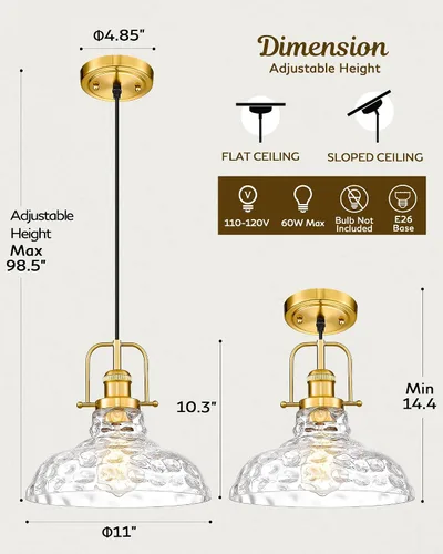 Miniatura 7 de FEMILA Iluminación colgante de cocina moderna de 11 pulgadas sobre la isla, lámpara colgante dorada de granja, altura ajustable, acabado dorado