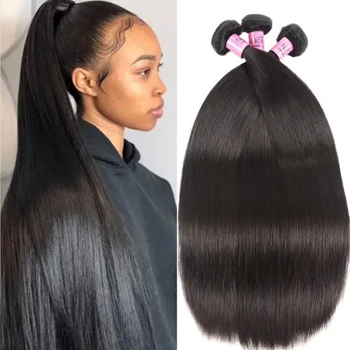 Miniatura 2 de Cabello 7 a malayo liso, 4 paquetes sin procesar, vírgenes, extensiones de pelo, cabello humano con longitudes mixtas, 100% cabello humano