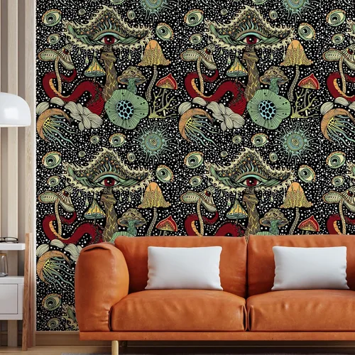 Miniatura 4 de WENMER Papel tapiz bohemio de hongos de despegar y pegar de 17.7 pulgadas x 39.4 pies - Papel de contacto de plantas/ojos/hongos, vinilo floral