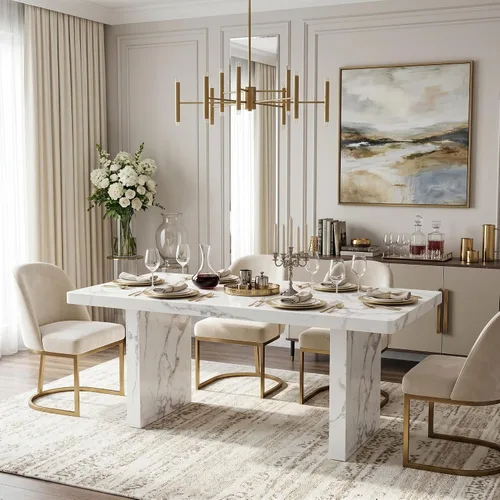 Miniatura 9 de gopop Mesa de comedor de mármol de 63 pulgadas, tablero de mesa de comedor MDF con patrón de mármol y base para cocina y comedor.