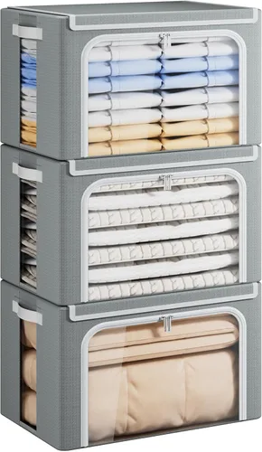 Miniatura 8 de Yecaye Cajas de Almacenamiento de Ropa con Marco de Metal, Caja de Almacenamiento de Ropa Plegable con Tapa, Caja Organizadora Apilable de Tela
