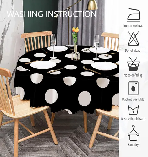 Miniatura 6 de IBILIU Mantel redondo de lunares blancos, color negro, mantel redondo lavable para cocina, hogar, comedor, fiesta, 60 pulgadas Yxb-004