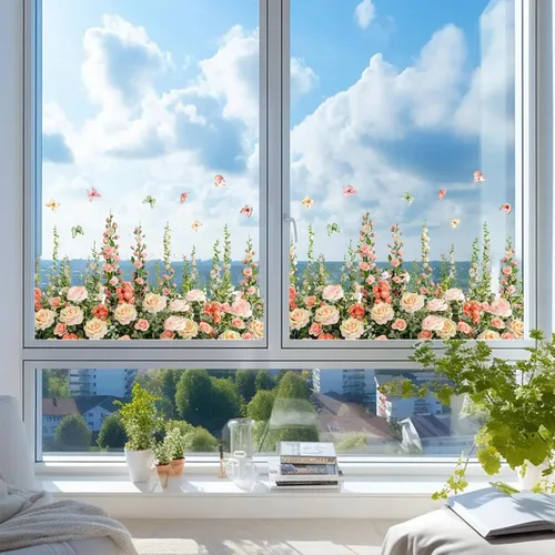Miniatura 6 de Calcomanías de pared de rosas vívidas, calcomanías de pared florales de vid colgantes, calcomanías de mariposa, papel tapiz para despegar y pegar
