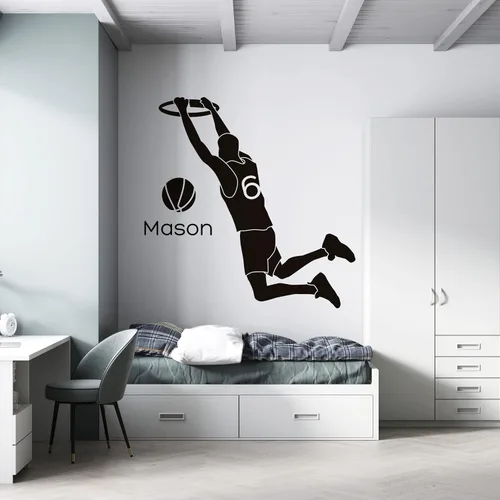 Calcomanía de pared de jugador de baloncesto Scores a Goal in The Basket – Calcomanía de vinilo con nombre y número del jugador personalizable –
