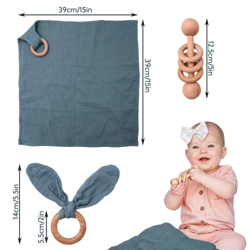 Miniatura 4 de Baby Lovey, sonajero de madera, anillo de mordedor, paquete de 3 unidades, regalo Montessori, azul marino, algodón, gasa doble, baby shower, regalo