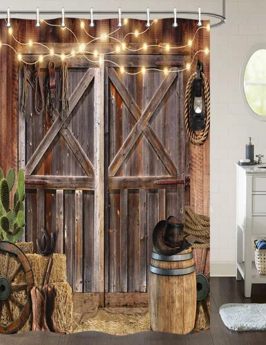 Miniatura 17 de Cortina de ducha de puerta de granero de madera rústica, 60 x 70 pulgadas, beige