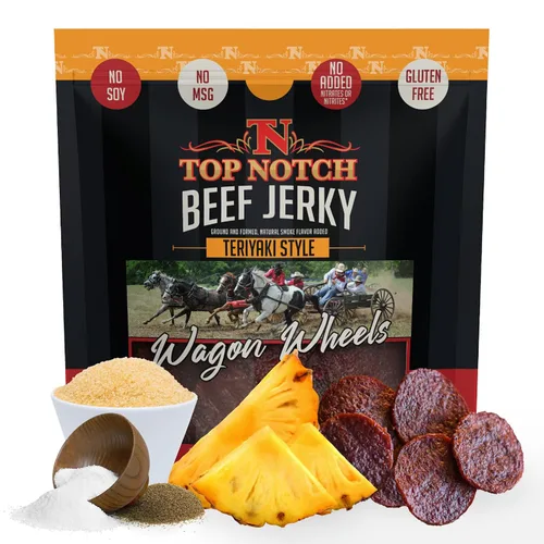 Miniatura 15 de Top Notch Wagon Wheels Jerky – Snacks altos en proteínas para niños y adultos hechos de carne de res criada localmente – Rondas sabrosas de carne