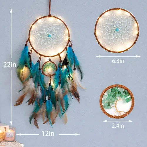 Miniatura 4 de Atrapasueños Árbol de la Vida Azul con Plumas, Luces de Hadas LED Móviles Hechas a Mano Tradición India Red Circular para Decoración Colgante