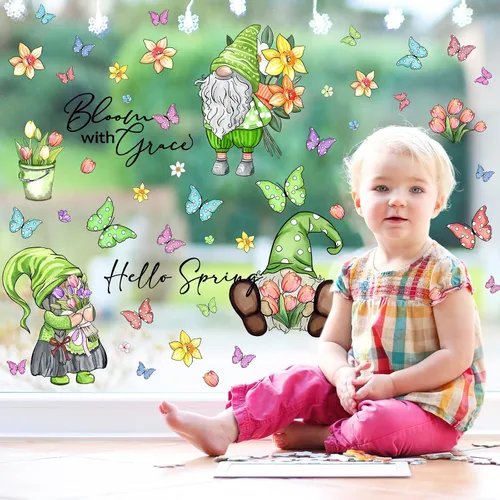 Miniatura 5 de Whaline 106 calcomanías de PVC reutilizables para ventana de primavera, acuarela, gnomo, mariposa, flores, calcomanías de PVC reutilizables
