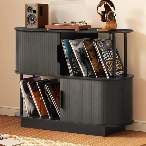 Soporte moderno para tocadiscos con almacenamiento de vinilo, soporte de almacenamiento para tocadiscos negro de 40 pulgadas con puerta corredera y