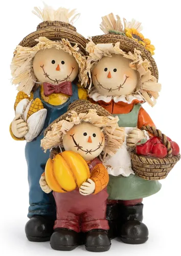 Hodao Decoraciones de Acción de Gracias para mesa, figura familiar de espantapájaros de resina de otoño con cesta de calabaza, maíz y manzana,