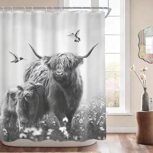 Miniatura 22 de AMBZEK - Cortina de ducha pequeña para establo con vaca de las tierras altas, 36 pulgadas de ancho x 72 pulgadas de largo, toro occidental, diseño