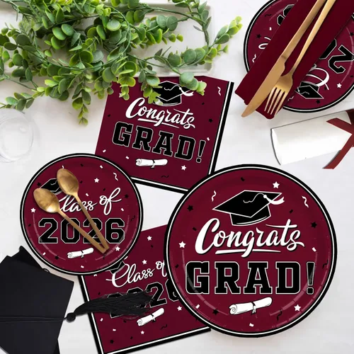 Miniatura 5 de Platos y servilletas de fiesta de graduación Gatherfun 2022 suministros para fiesta de graduación, platos de papel desechables granate, servilletas