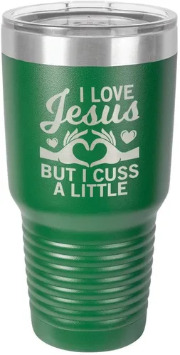 Miniatura 16 de Taza de viaje con texto en inglés "I Love Jessus I CUSS A LITTLE Engraved Tumbler", de acero con recubrimiento de polvo grabado con láser, sin BPA
