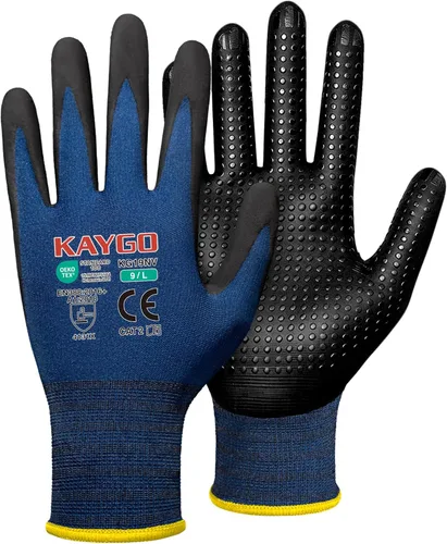 Miniatura 9 de KAYGO MicroFoam - Guantes de trabajo con revestimiento de nitrilo, 12 pares KG19N de nailon de punto sin costuras, micropuntos para un mejor agarre