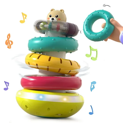 Juguete apilador de anillos para bebé con luces, juguetes apilables musicales para niños pequeños de 1 a 3 años, juguetes Montessori giratorios