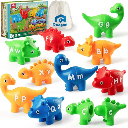 Coogam Juego de emparejar letras con habilidad motora fina, 26 piezas, juego de dinosaurios alfabético ABC de doble cara con mayúsculas y