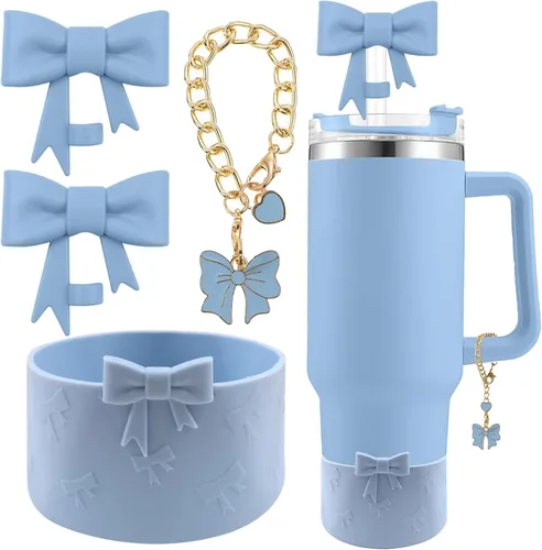 Miniatura 14 de Conjunto de accesorios para taza Hpebl para Stanley, incluye 2 tapas de pajita con moño lindo de 10 mm, tapones reutilizables para pajita, 1 funda