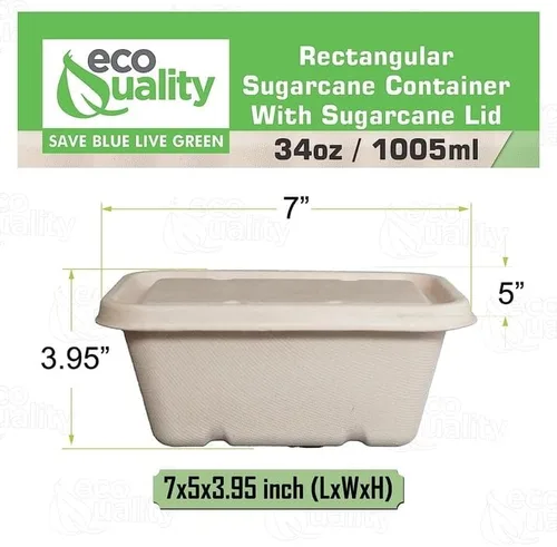 Miniatura 2 de EcoQuality Cuencos desechables de 34 onzas con tapas de fibra, cuencos rectangulares de papel biodegradable de fibra de caña de azúcar compostable