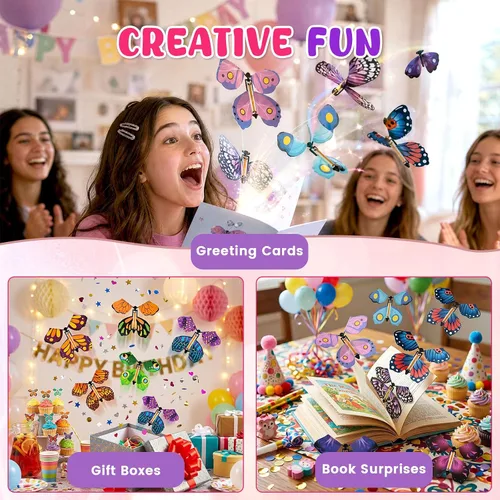 Miniatura 6 de MCPINKY 26 juguetes mágicos de mariposa voladora, juguete de mariposa de cuerda de hada, juguetes voladores en el libro, caja de explosión sorpresa