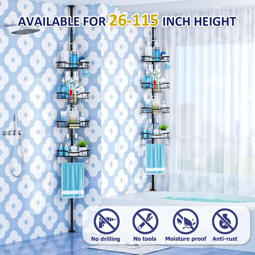 Miniatura 2 de Esquina esquinera para ducha, 4 niveles ajustables de 48 a 115 pulgadas, ajustable, a prueba de óxido, poste de tensión, estante de baño de pie